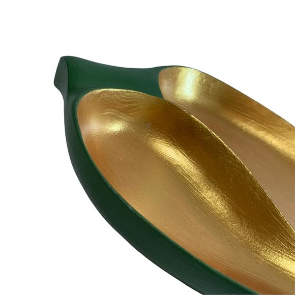 Trinket Dish Wood Low Leaf Bowl 2 Section Green Metallic Gold Monkey Pod Hawaii - Picture 3 of 9